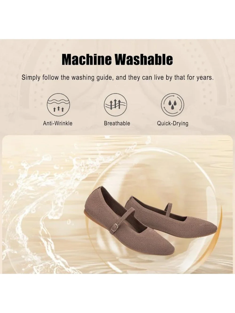 Women's Coffee Rubber Knit Square Toe Ballet Flats With Strap Comfortable Shoes